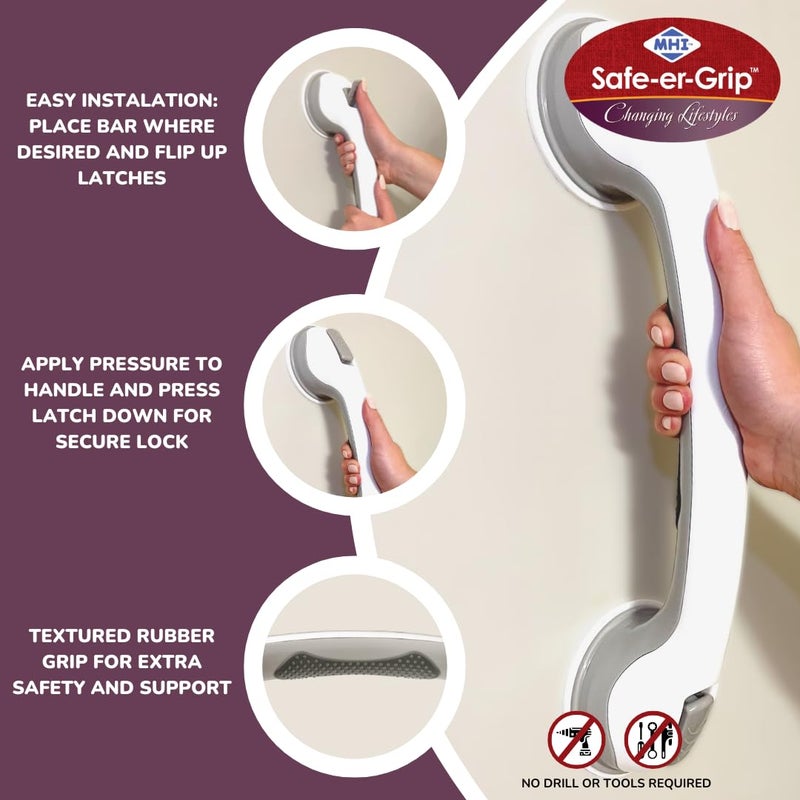 Safe-er-Grip أشرطة الجر القابلة للشفط من Safe-er-Grip لتغيير أنماط الحياة لأحواض الاستحمام والدش؛ مقبض مساعد آمن للحمام، أبيض ورمادي، 16 بوصة - Image 2