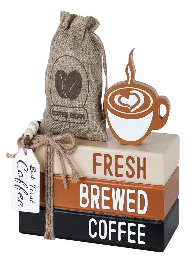 DECSPAS Coffee Bar Decor, DECSPAS Wooden Book Stacks with Bead Garland for Coffees Bar Accessories, FRESH BREWED COFFEE Sign Coffees Bar Decorations for Home, Tiered Tray, Table, Rustic Farmhouse Decor - Image 1