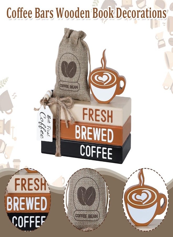 DECSPAS Coffee Bar Decor, DECSPAS Wooden Book Stacks with Bead Garland for Coffees Bar Accessories, FRESH BREWED COFFEE Sign Coffees Bar Decorations for Home, Tiered Tray, Table, Rustic Farmhouse Decor - Image 3