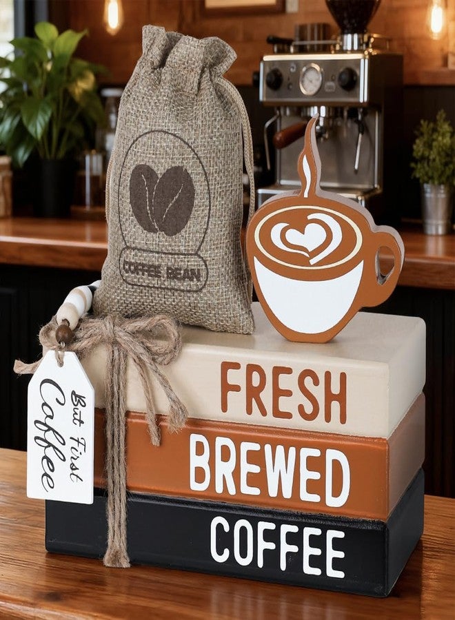 DECSPAS Coffee Bar Decor, DECSPAS Wooden Book Stacks with Bead Garland for Coffees Bar Accessories, FRESH BREWED COFFEE Sign Coffees Bar Decorations for Home, Tiered Tray, Table, Rustic Farmhouse Decor - Image 5