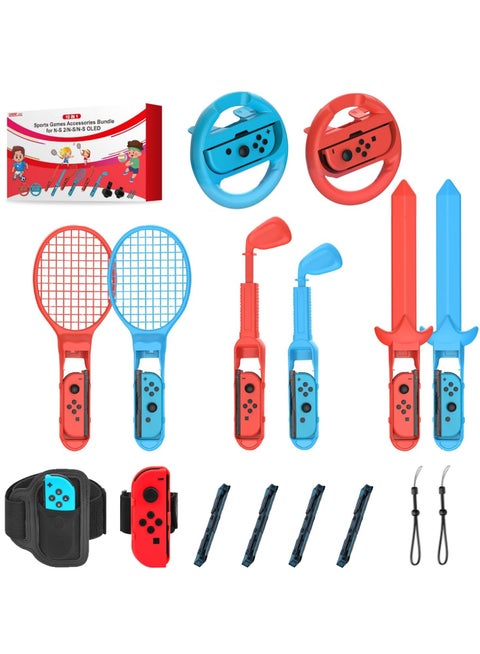 10 in 1 Switch Sports Game Accessories Bundle, for Switch 2, Switch 1, Switch OLED, Steering Wheels +Tennis Rackets+Adjustable Golf Clubs + Swords+Leg Straps, Family Accessories Kit for Joy-Con 2