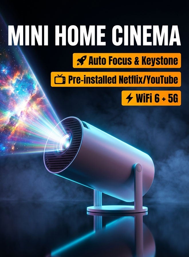 Smart Portable Projector with WiFi 6 & Android 11.0, 180° Rotatable Stand, Supports 4K Decoding, Native 720P, 130" Mini Home Cinema Projector for Phone/Movies/Gaming - White - Image 1