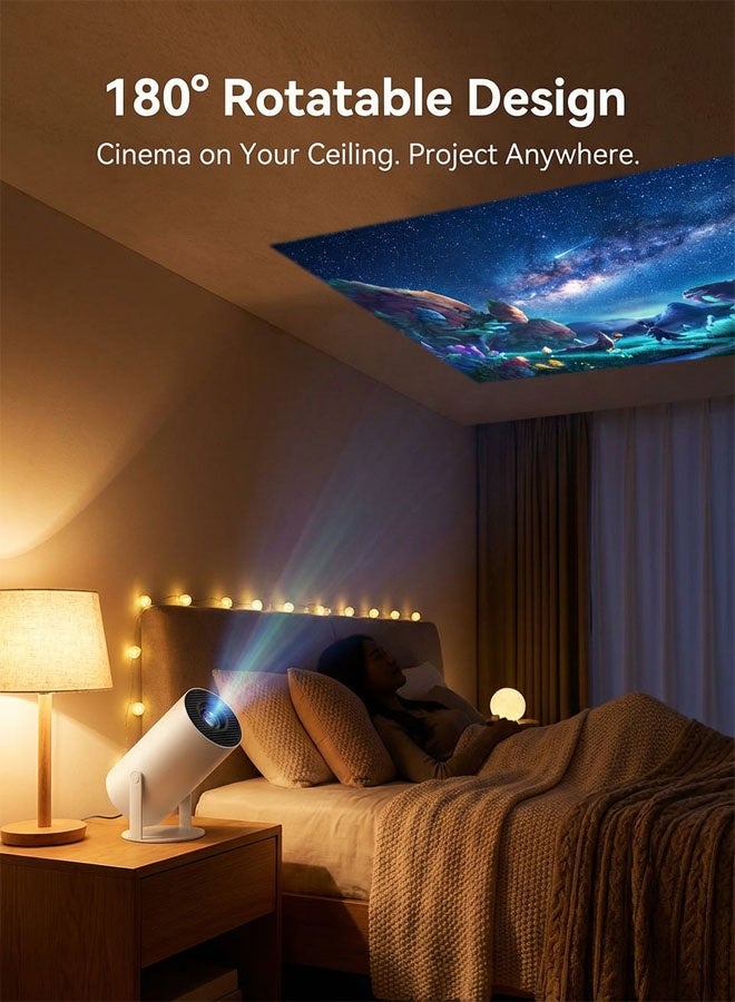 Smart Portable Projector with WiFi 6 & Android 11.0, 180° Rotatable Stand, Supports 4K Decoding, Native 720P, 130" Mini Home Cinema Projector for Phone/Movies/Gaming - White - Image 2