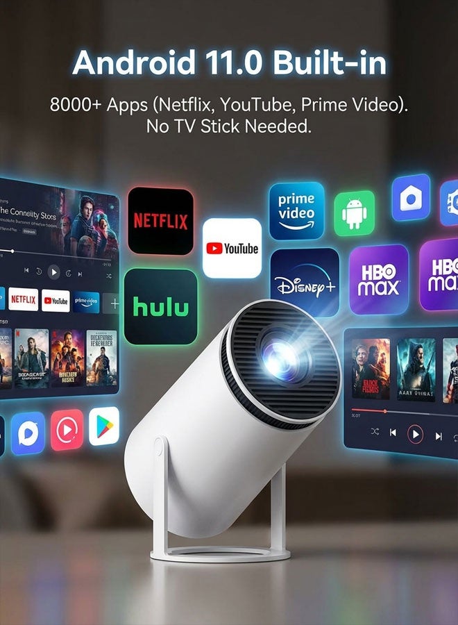Smart Portable Projector with WiFi 6 & Android 11.0, 180° Rotatable Stand, Supports 4K Decoding, Native 720P, 130" Mini Home Cinema Projector for Phone/Movies/Gaming - White - Image 5
