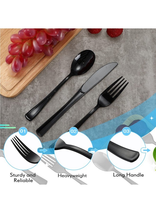 Minatee 150 Pieces Disposable Cutlery Set Plastic Silverware Heavy Duty Utensil Sets 50 Forks 50 Knives 50 Spoons for Home Office School Party Picnics Restaurant Outdoor Events or Every Day Use (Black) - Image 2