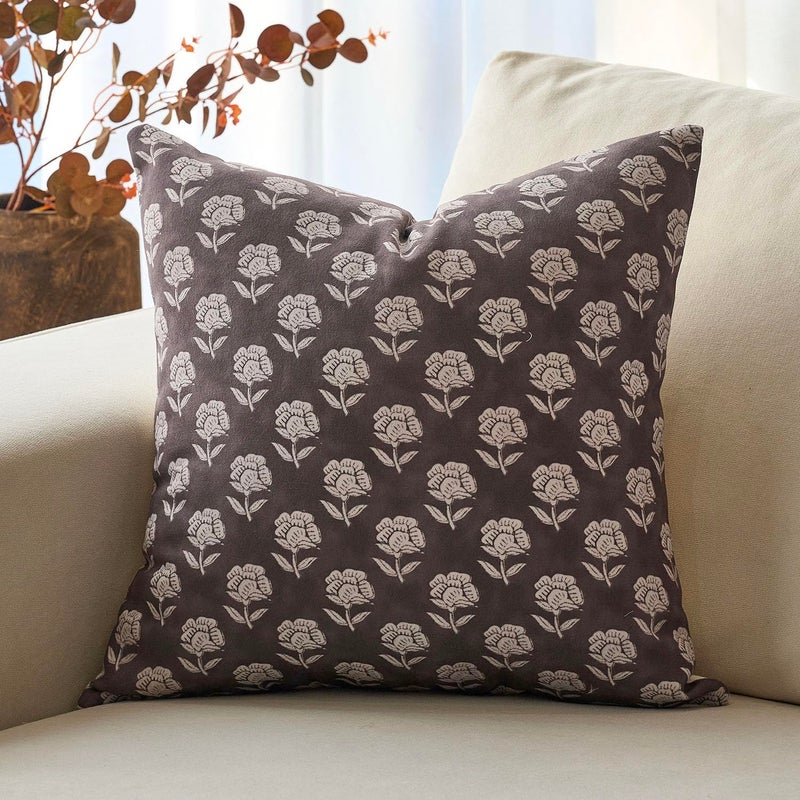 DOMVITUS Floral Pillow Covers 20x20 Throw Pillow Covers Decorative Farmhouse Block Floral Print Vintage Pillow Cover for Living Room Couch Bed  Dark Brown  1PC - Image 1