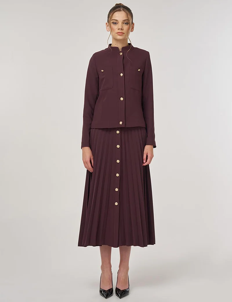 Kayra Gold-Button Skirted Set Dark Burgundy