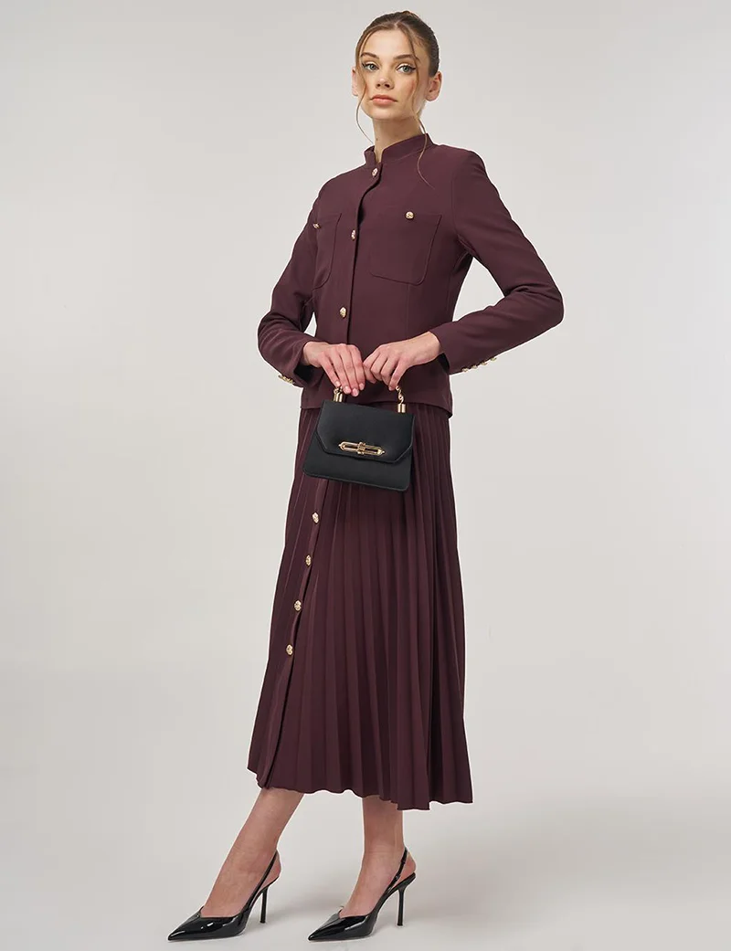 Kayra Gold-Button Skirted Set Dark Burgundy
