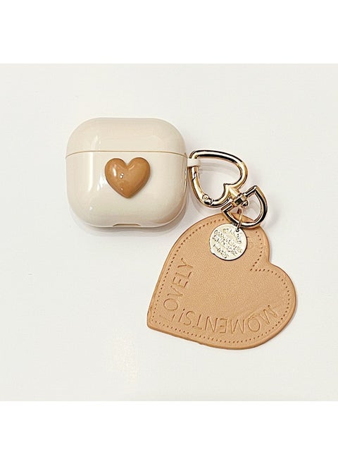 For AirPods 4 Headphone Set Cartoon Diy Doll Pendant Apple 1/2 Generation/pro2 Bluetooth Soft Case Bracelet-Color:Beige Soft Shell + Pendant-Brown Love Heart-Model:Airpods 4 (protective Case)