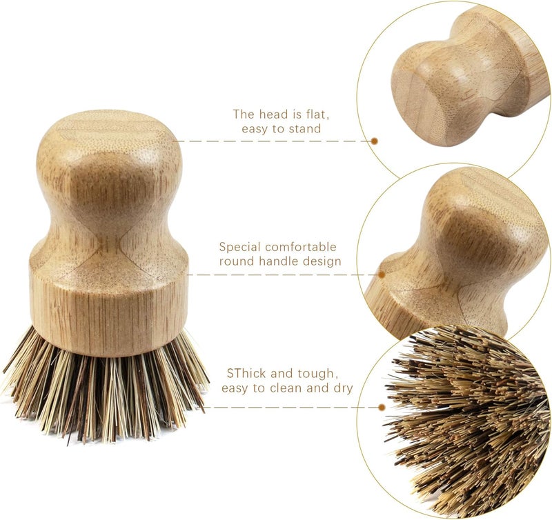 AUEAR , Natural Bamboo Dish Scrub Brush Cleaning Pot Scrubber Brushes Coconut Bristles for Cast Iron Skillet Pots Pans (2-Pack, Deep Color) - Image 3