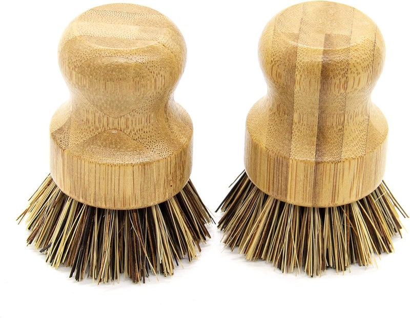 AUEAR , Natural Bamboo Dish Scrub Brush Cleaning Pot Scrubber Brushes Coconut Bristles for Cast Iron Skillet Pots Pans (2-Pack, Deep Color) - Image 1