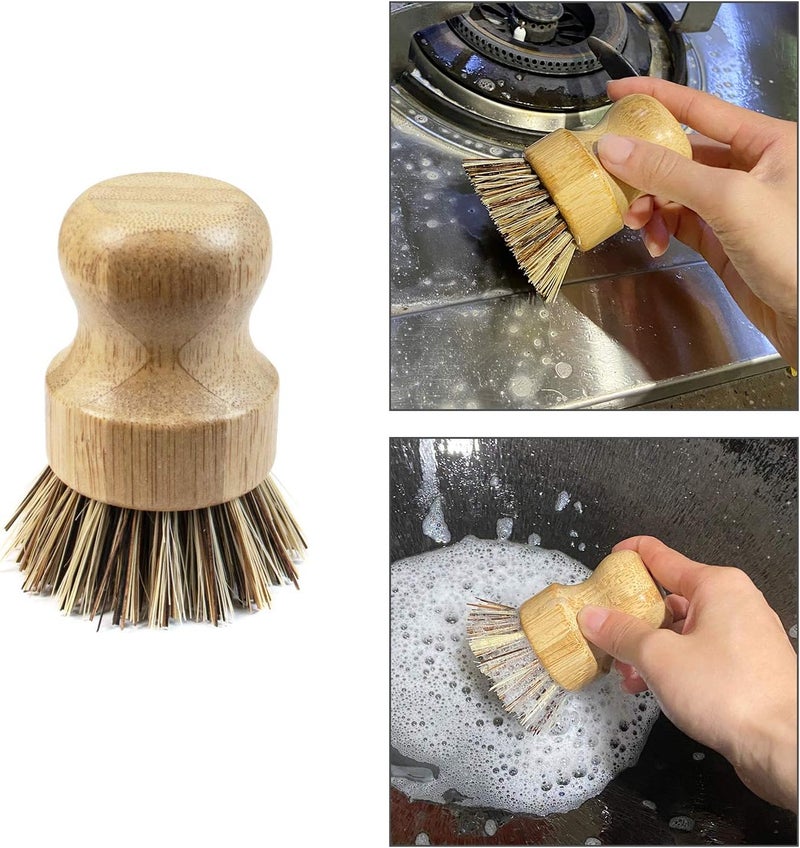 AUEAR , Natural Bamboo Dish Scrub Brush Cleaning Pot Scrubber Brushes Coconut Bristles for Cast Iron Skillet Pots Pans (2-Pack, Deep Color) - Image 4