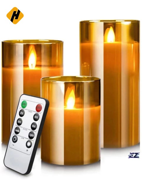 LED Flameless Candles – Battery Operated with Flickering Wick & Real Wax, Gold Glass Pillar, Timer & Remote Control, 4" 5" 6" Set of 3