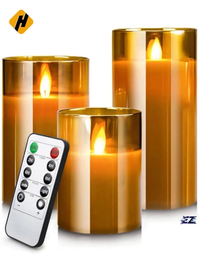 LED Flameless Candles – Battery Operated with Flickering Wick & Real Wax, Gold Glass Pillar, Timer & Remote Control, 4" 5" 6" Set of 3