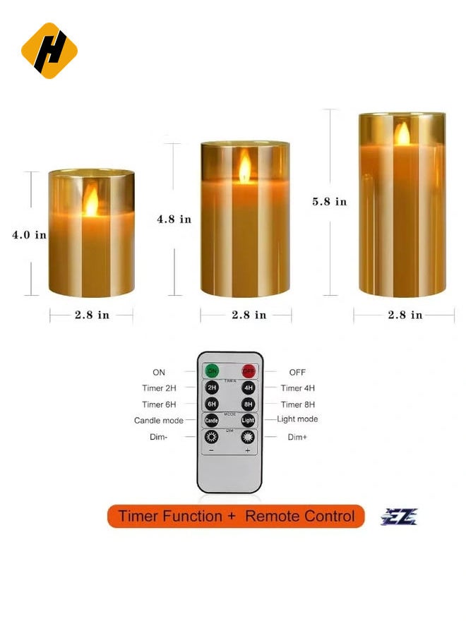 LED Flameless Candles – Battery Operated with Flickering Wick & Real Wax, Gold Glass Pillar, Timer & Remote Control, 4" 5" 6" Set of 3