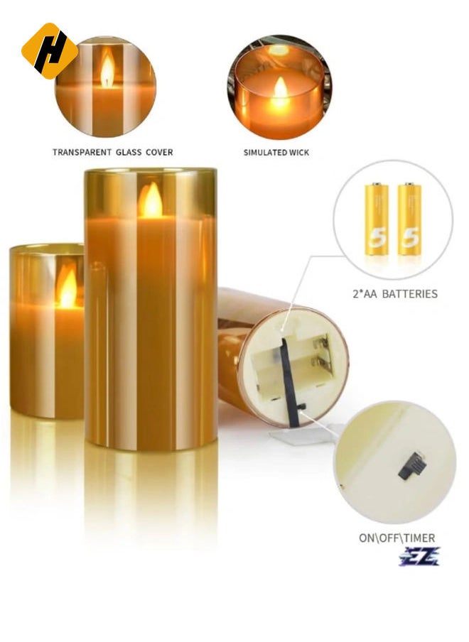 LED Flameless Candles – Battery Operated with Flickering Wick & Real Wax, Gold Glass Pillar, Timer & Remote Control, 4" 5" 6" Set of 3