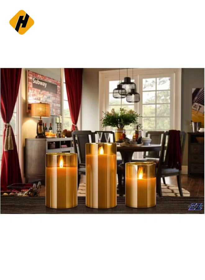 LED Flameless Candles – Battery Operated with Flickering Wick & Real Wax, Gold Glass Pillar, Timer & Remote Control, 4" 5" 6" Set of 3