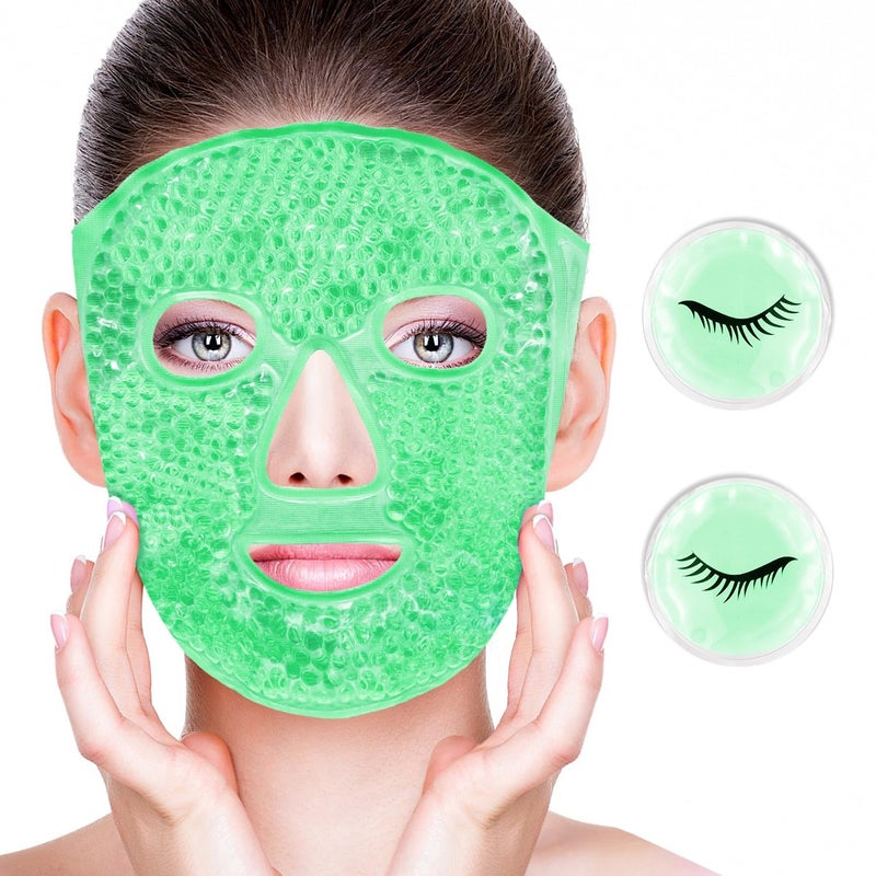 SONEEV MART Hot and Cold Therapy Gel Bead Full Facial Mask by JINEESO Ice Face Mask for Migraine Headache Stress Relief Reduces Eye Puffiness Dark Circles Fabric Back Freezable Microwaveable - Image 1