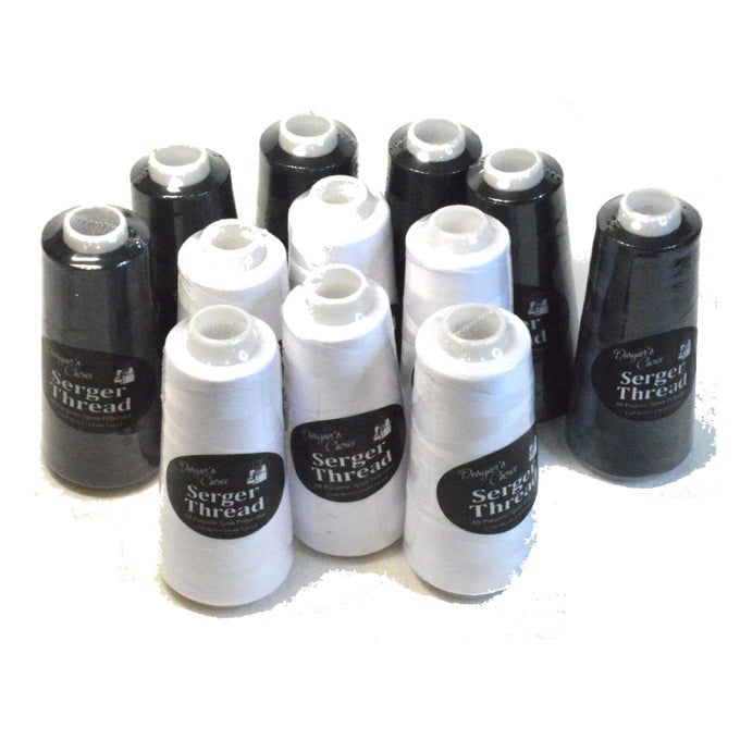 SET OF 12 BLACK WHITE SERGER THREAD SPOOLS FOR QUILTING EMBROIDERY OVERLOCK 100 POLYESTER 1640 YARDS EACH 6 BLACK 6 WHITE