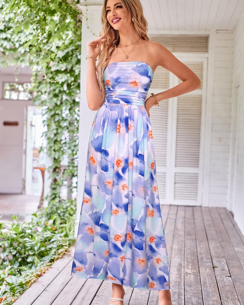 GRACE KARIN Women Strapless Dress Casual Loose Ruched Long Maxi Dress with Pockets - Image 2