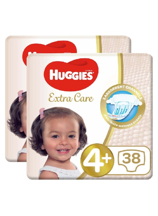HUGGIES Extra Care Baby Diapers, Size 4+, For 10 -16kg Baby, Promo Pack of 2 x 38’s