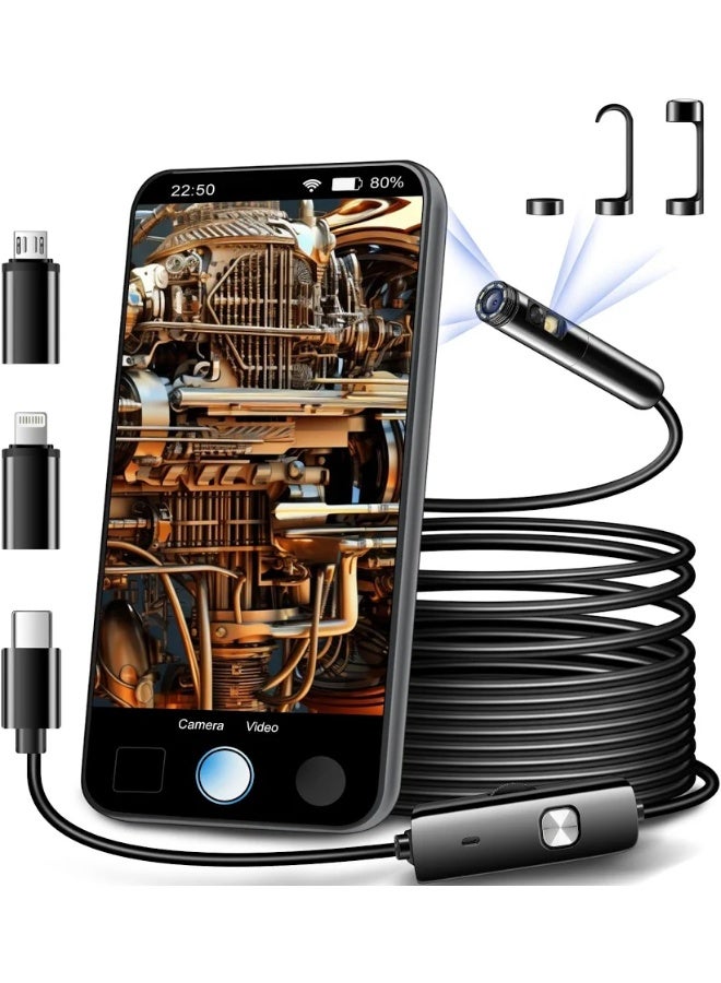 BlueFire Dual Lens Endoscope Inspection Camera 1080P HD Dual Camera Borescope with Front & Side Lens, 5M Semi-Rigid Cable, IP68 Waterproof Inspection Camera with LED Lights, USB-C Endoscope Camera with Lightning & Micro USB Adapters, Compatible with Android iOS Smartphones & Tablets for Car Repair, Pipe, Wall, Sewer & Machinery Inspection - Image 1