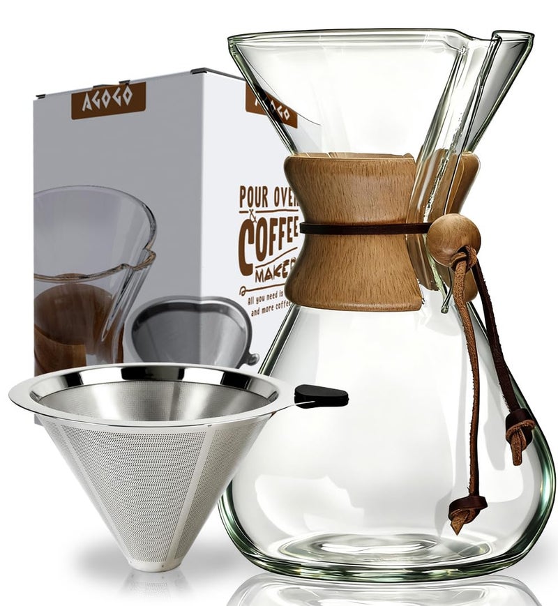 AGOGO Pour Over Coffee Maker Glass 6810 Cup Barista Kit with 304 Stainless Filter for Home Office Camping Cafes Easy Clean Coffee Dripper Set RagBrush Included 10 Cup34oz