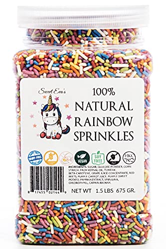 Sweet Eva’s 100% NATURAL RAINBOW SPRINKLES - NATURAL COLOR, DAIRY FREE, NUT FREE, GLUTEN FREE, SOY FREE, VEGAN, EGG FREE AND KOSHER ,1.5 LBS. CUPCAKE AND CAKE TOPPER,BULK CANDY, RESEALABLE CONTAINER,COLORFUL - Image 1