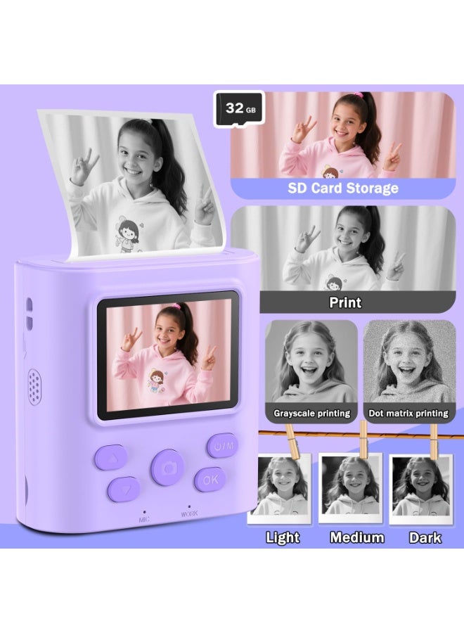 ترقية كاميرا الأطفال للطباعة الفورية للأعمار ٣-١٢، كاميرا محمولة للطباعة الفورية بفيديو رقمي عالي الوضوح، هدية عيد الميلاد والكريسماس المثالية للأولاد والبنات، تتضمن بطاقة ذاكرة ٣٢ جيجابايت - أرجواني - Image 5