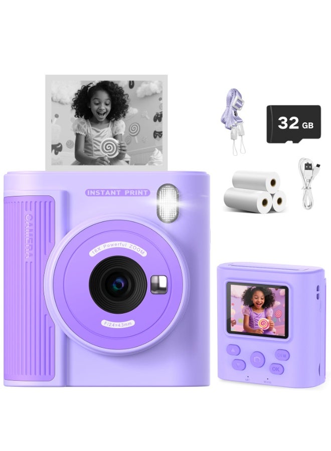 ترقية كاميرا الأطفال للطباعة الفورية للأعمار ٣-١٢، كاميرا محمولة للطباعة الفورية بفيديو رقمي عالي الوضوح، هدية عيد الميلاد والكريسماس المثالية للأولاد والبنات، تتضمن بطاقة ذاكرة ٣٢ جيجابايت - أرجواني - Image 1