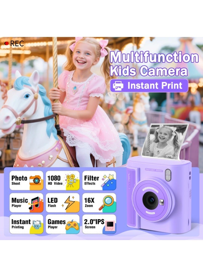ترقية كاميرا الأطفال للطباعة الفورية للأعمار ٣-١٢، كاميرا محمولة للطباعة الفورية بفيديو رقمي عالي الوضوح، هدية عيد الميلاد والكريسماس المثالية للأولاد والبنات، تتضمن بطاقة ذاكرة ٣٢ جيجابايت - أرجواني - Image 2