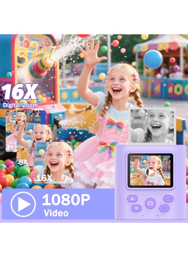 ترقية كاميرا الأطفال للطباعة الفورية للأعمار ٣-١٢، كاميرا محمولة للطباعة الفورية بفيديو رقمي عالي الوضوح، هدية عيد الميلاد والكريسماس المثالية للأولاد والبنات، تتضمن بطاقة ذاكرة ٣٢ جيجابايت - أرجواني - Image 3
