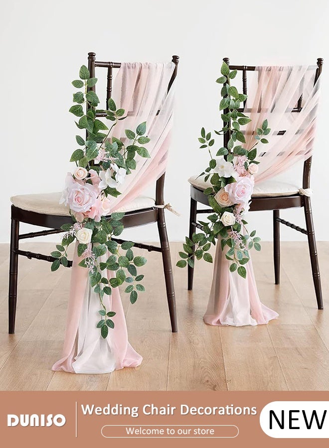 DUNISO Wedding Aisle Chair Decorations, Chiffon Chairs Sashes with Artificial Eucalyptus Leaves Stems and Flowers for Wedding Party Banquet Restaurant Hotel Chair Decoration - Image 1