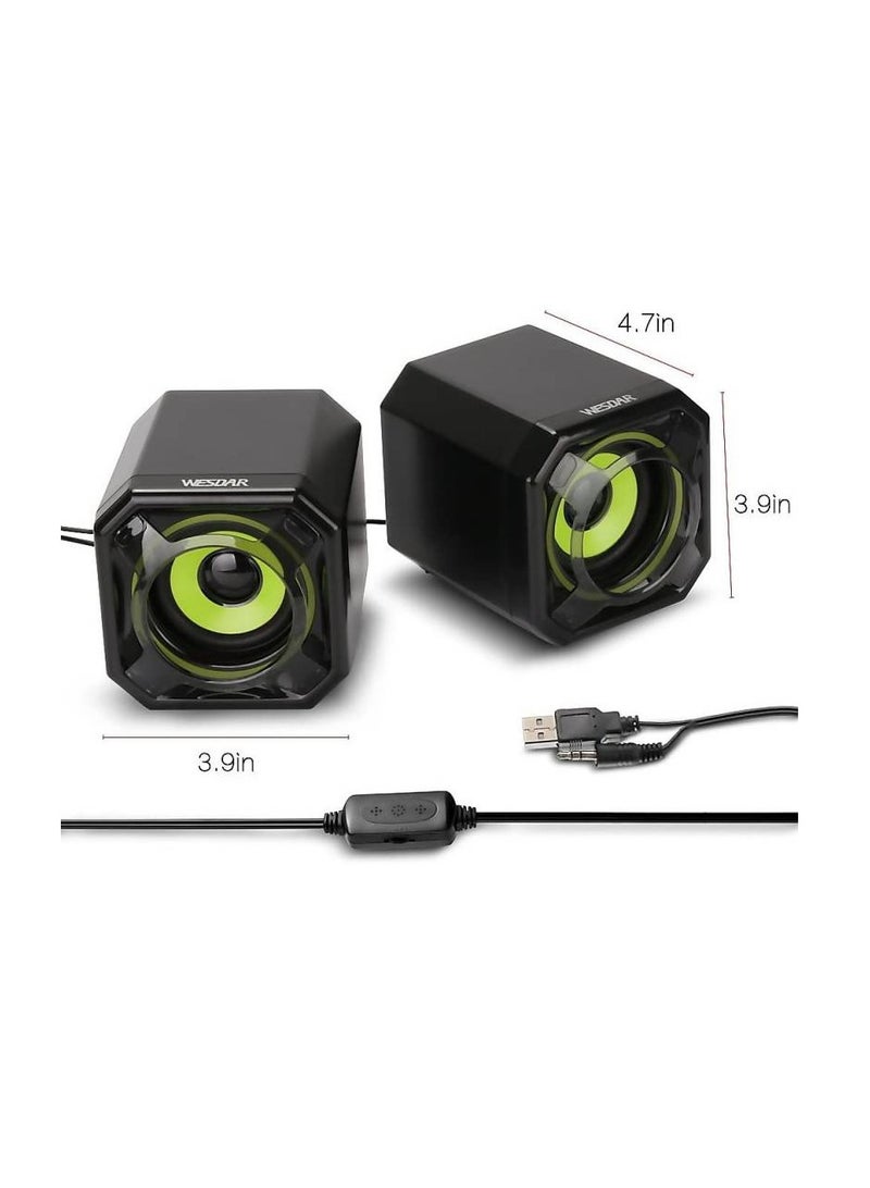 Wesdar Computer Speakers, 3.5mm USB Powered Subwoofer PC Speakers for Desktop Laptop Notebook, Pack of 2 (Green)  - Image 2