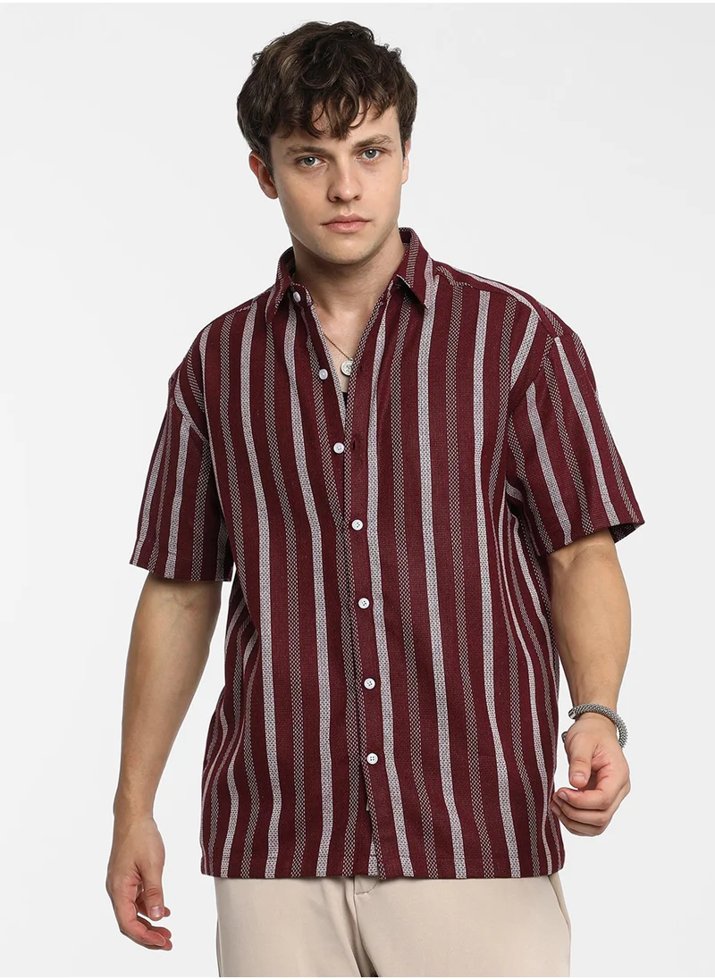 Campus Sutra Men's Maroon Red Pencil Striped Shirt