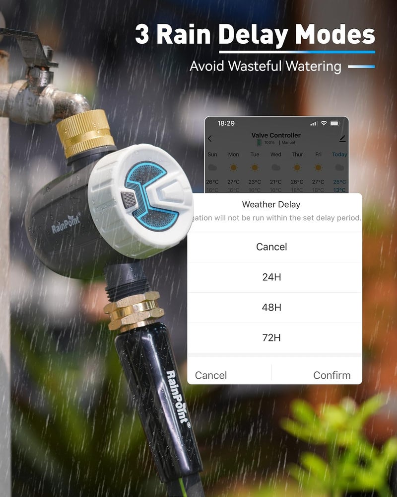 RAINPOINT WiFi Water Timer, Sprinkler Timer for Garden Hose, Smart Automatic Irrigation System with Brass Inlet for Yard, Lawn, APP Remote Control via 2.4Ghz WiFi and Bluetooth - Image 5