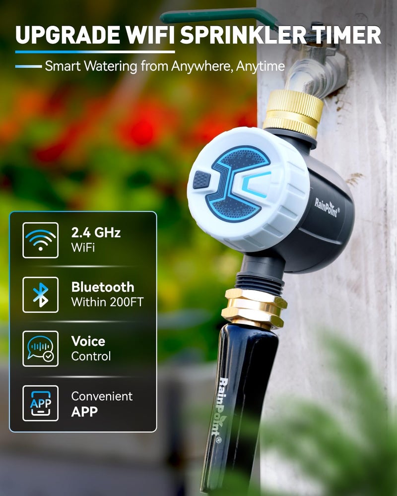 RAINPOINT WiFi Water Timer, Sprinkler Timer for Garden Hose, Smart Automatic Irrigation System with Brass Inlet for Yard, Lawn, APP Remote Control via 2.4Ghz WiFi and Bluetooth - Image 2