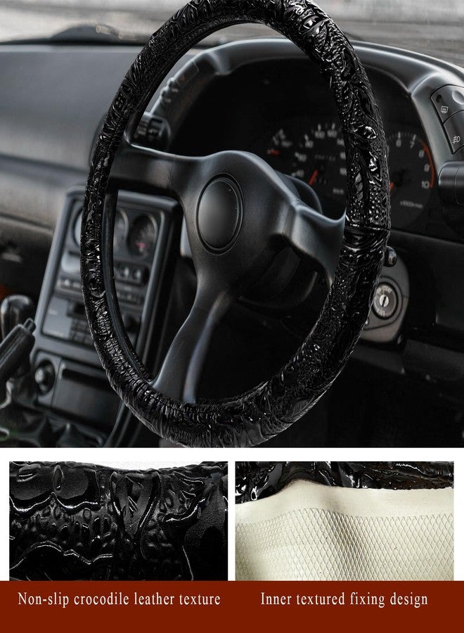 NYTKL Leather Car Steering Wheel Cover, 15" Crocodile Pattern Anti Slip Car Wheel Wrap with Rose Grain, Four Seasons Universal Auto Steering Wheel Protector for Cars Trucks SUVs (Black) - Image 2