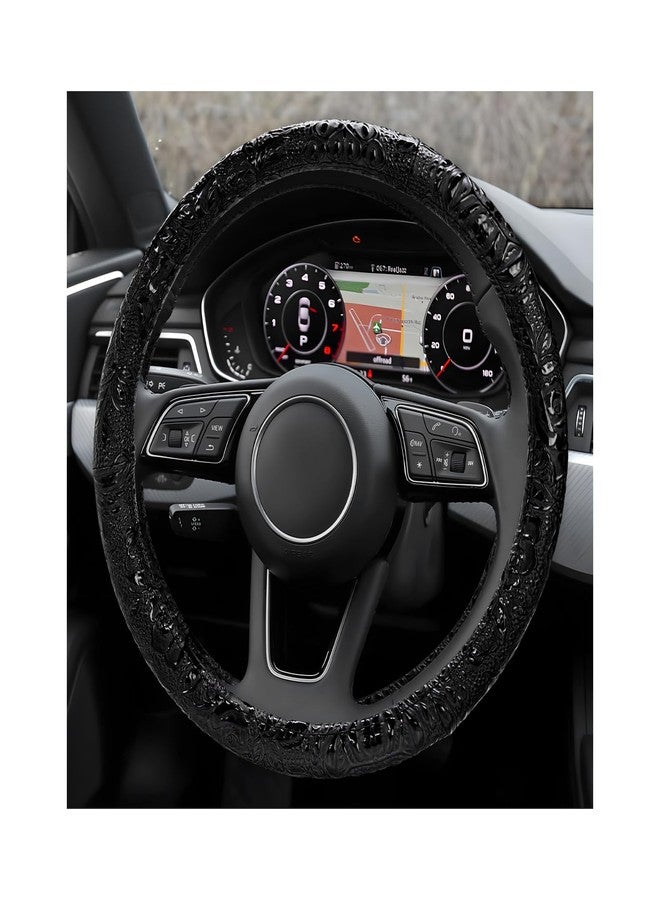 NYTKL Leather Car Steering Wheel Cover, 15" Crocodile Pattern Anti Slip Car Wheel Wrap with Rose Grain, Four Seasons Universal Auto Steering Wheel Protector for Cars Trucks SUVs (Black) - Image 1