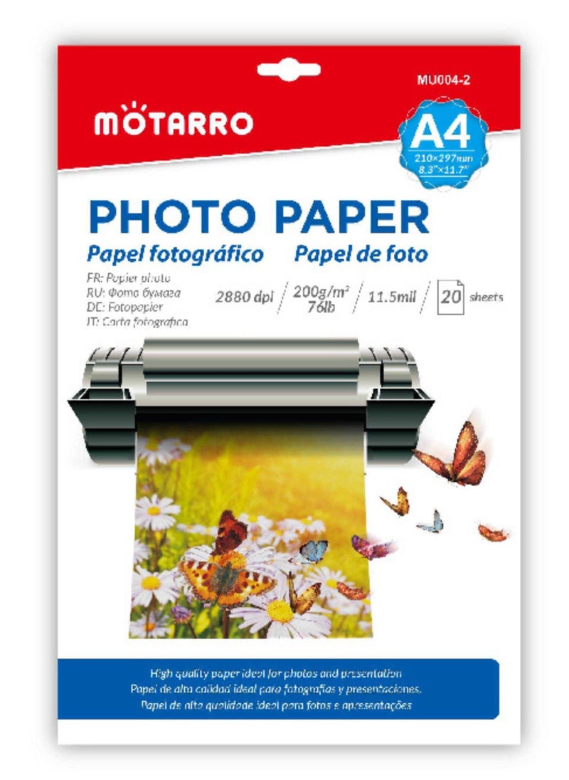 MOTARRO Inkjet Paper Glossy Photo  A4 Size 200Gsm 20 Sheets  - Image 1