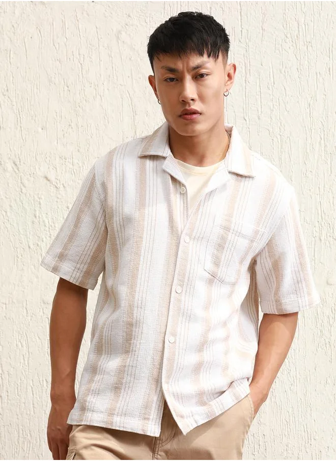 Hubberholme Relaxed Fit Striped Resort Collar Casual Shirt by Styli