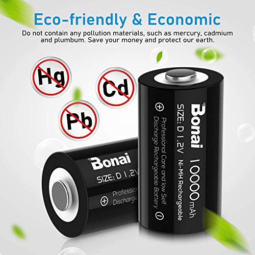 BONAI Rechargeable D Batteries 10000mAh Pre-Charged Low Self Discharge, Ni-MH D Cell Recharge up to 1200x Times - 4 Pack - Image 5