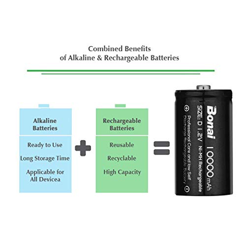 BONAI Rechargeable D Batteries 10000mAh Pre-Charged Low Self Discharge, Ni-MH D Cell Recharge up to 1200x Times - 4 Pack - Image 3