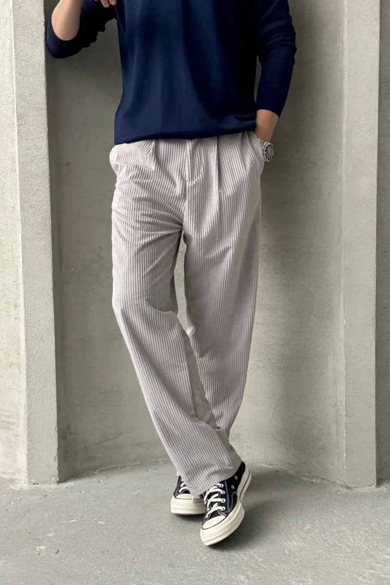 هايمان Men's Pleated Baggy Pattern Velvet Trousers
