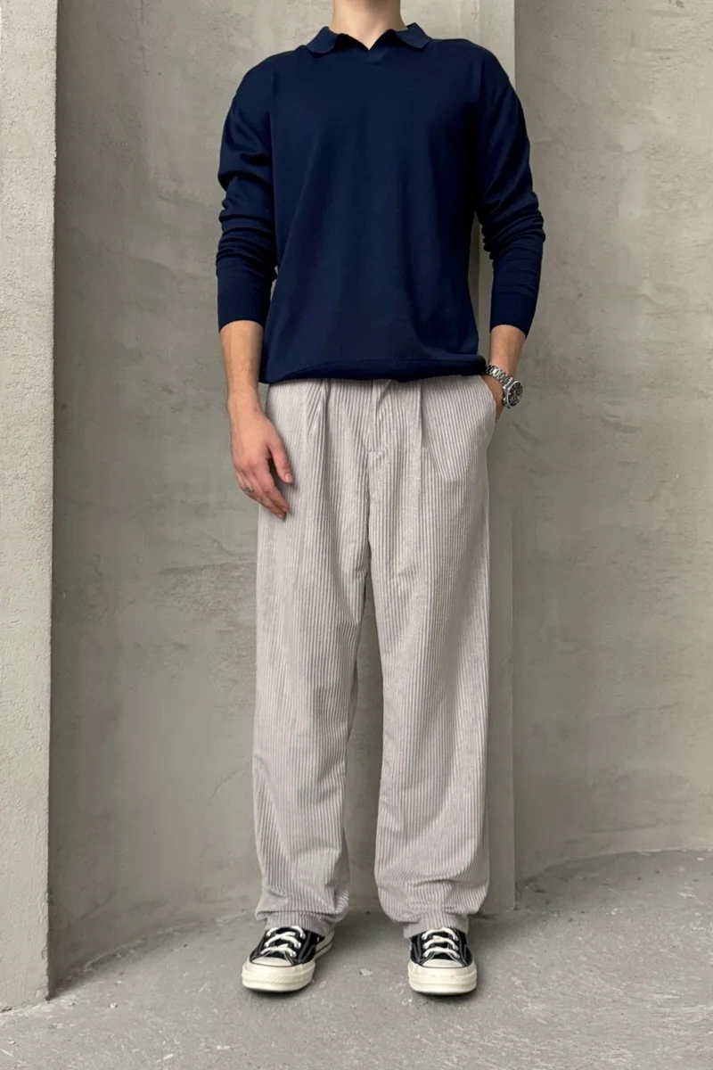 هايمان Men's Pleated Baggy Pattern Velvet Trousers