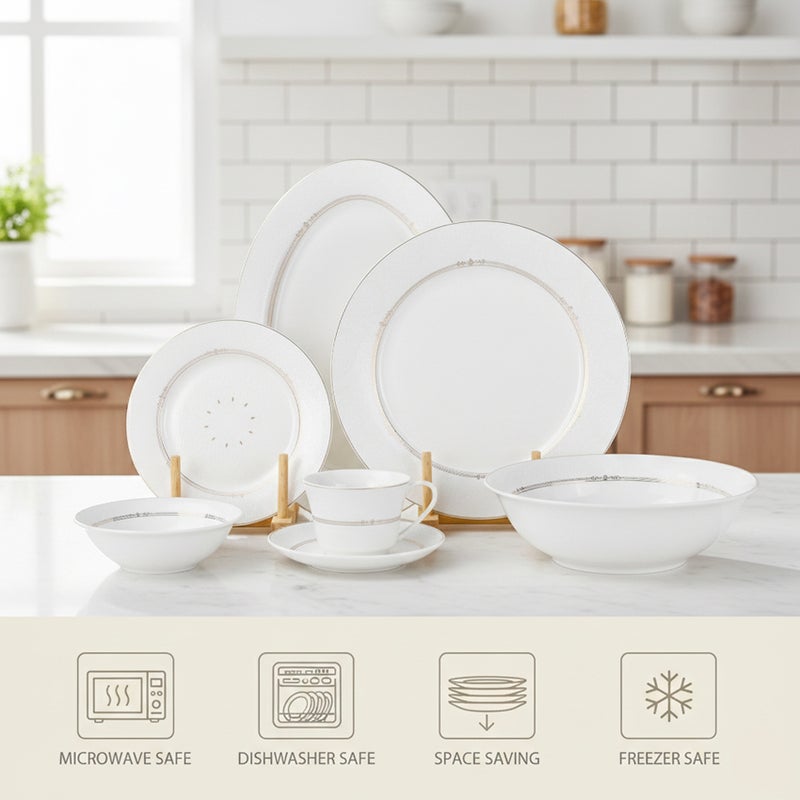 Shallow طقم عشاء شالو من كوزين آرت ISLA 32 قطعة من البورسلين الجديد لـ 6 أشخاص – أدوات مائدة بيضاء كلاسيكية مع قطع تقديم للاستخدام اليومي، برانش، محطة قهوة، رمضان، عيد، ديوالي والهدايا - Image 4