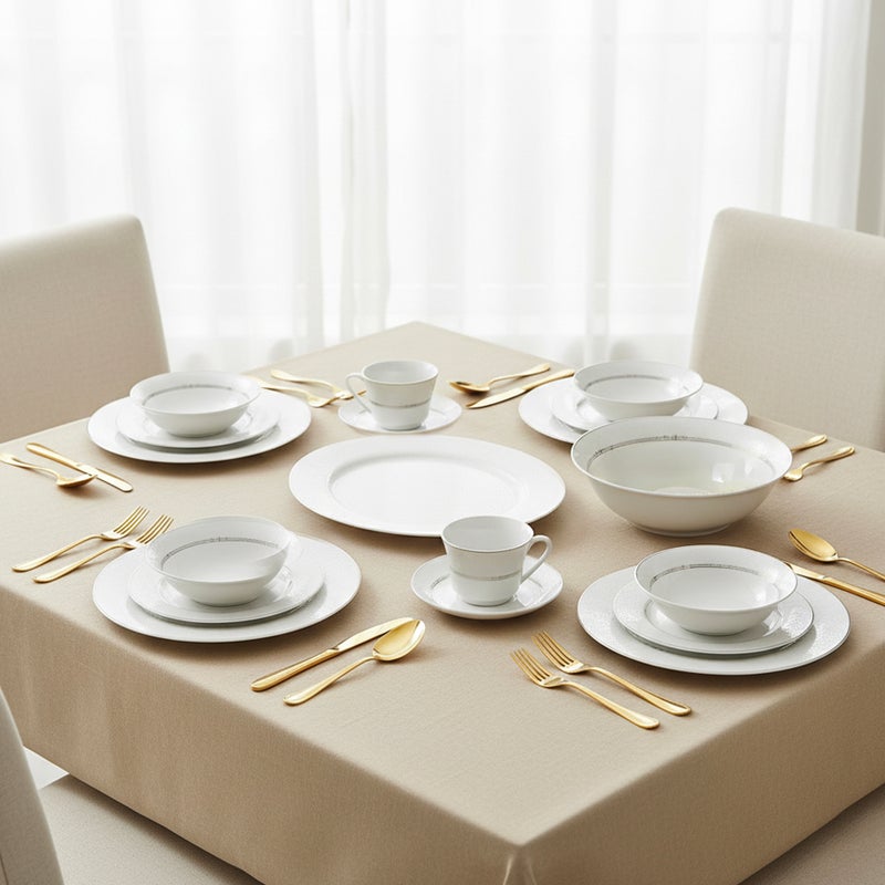 Shallow طقم عشاء شالو من كوزين آرت ISLA 32 قطعة من البورسلين الجديد لـ 6 أشخاص – أدوات مائدة بيضاء كلاسيكية مع قطع تقديم للاستخدام اليومي، برانش، محطة قهوة، رمضان، عيد، ديوالي والهدايا - Image 2