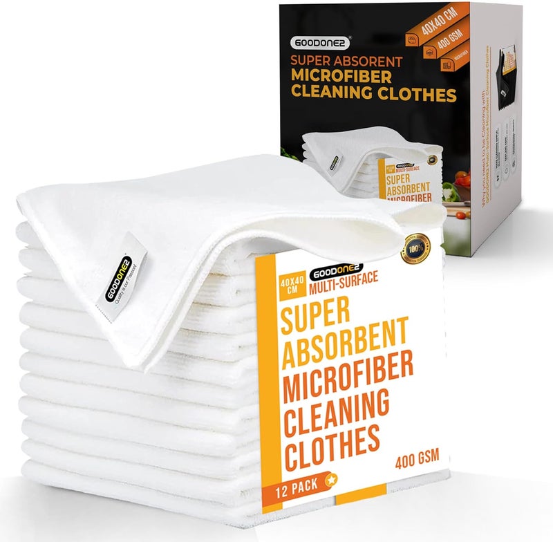 GOODONE2 Gulf climate upgraded quality 12 Pack Microfiber Cleaning Cloth | Size 40x40cm | Thickness 400gsm | All Purpose Microfiber Towels - Clean, Dust, Polish, Scrub, Absorbent (White 12 Pack) Seasonal & permanent compatible - Image 1