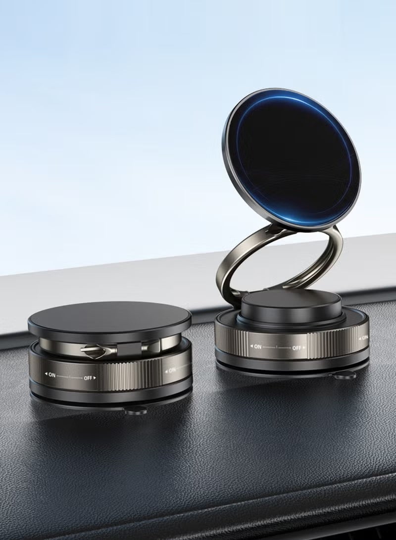 Vacuum Magnetic Car Phone Mount - 360° Rotating Foldable Dashboard Suction Cup Holder with N54 Strong Magnet, Universal Compatibility for Smartphones (Black) - Image 2