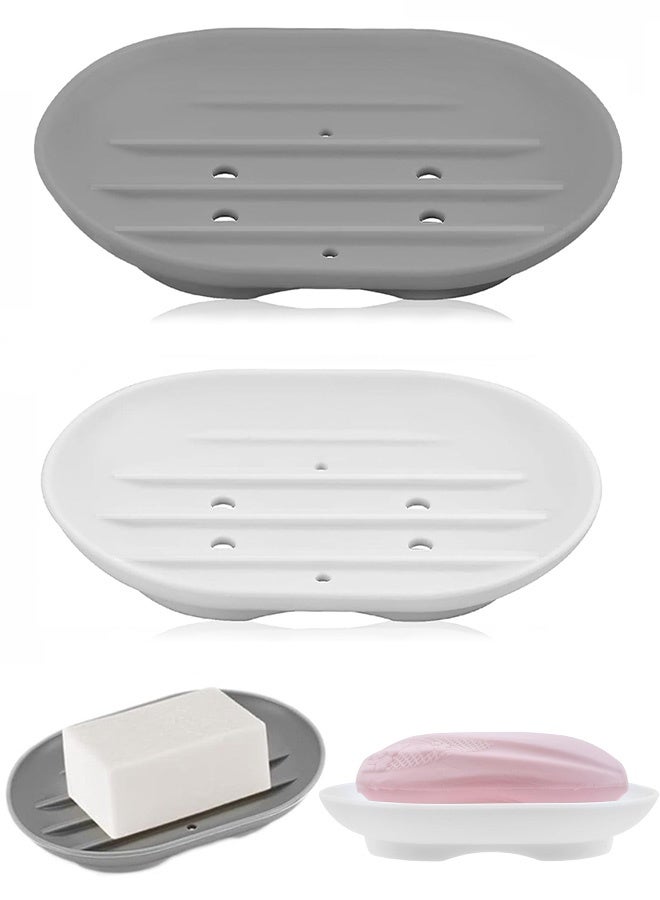 2 Pack Silicone Soap Dish Holder Flexible Soap Box Self Draining,Anti-Slip Soap Tray for Shower Bathroom Kitchen Countertop or Shelf, Easy to Clean,Grey and White - Image 1